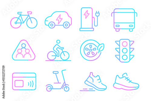 Neon glow icons of sustainable transportation and urban mobility