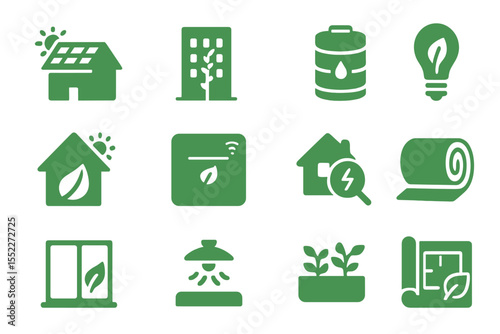 Sustainable eco icons on green background: solar, energy, smart home, led, garden