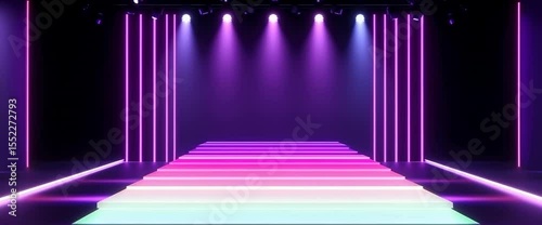 A long, narrow room with neon lights and a runway. The lights are in different colors, creating a vibrant and energetic atmosphere