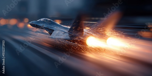 High-Speed Fighter Aircraft Accelerating with Intense Jet Exhaust and Motion Blur Effects

