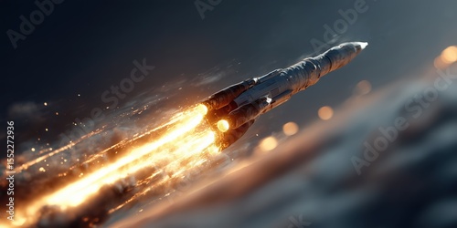 High-Speed Rocket with Burning Afterburners Creating Intense Flames and Motion Blur in the Atmosphere

