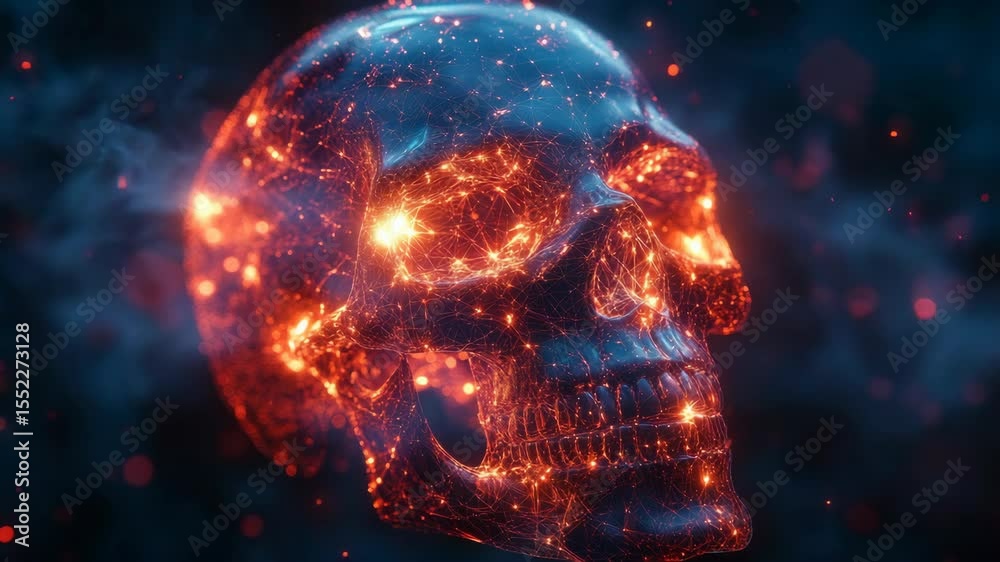 Fiery digital skull formed by glowing particle lines, in abstract style, floating on a dark smoky background, concept of cyber death