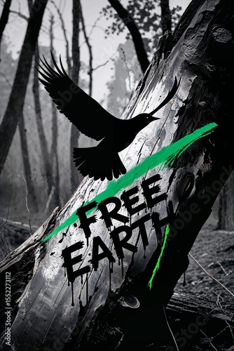 Nature conservation street art illustration about replanting trees, climate change awareness, and eco-friendly urban living with black, white and green graffiti elements.
