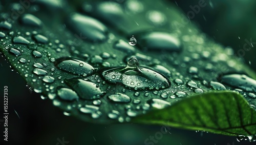 A closeup waterdrop photo on a green leaf with droplets. Nature and macro photography. Water and leaf details. The concept of water droplets on foliage.