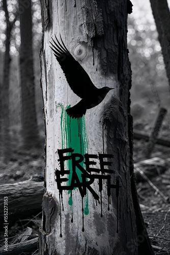 Creative graffiti eco illustration focusing on forests, sustainability, green living and climate protection in an urban black, white and green color theme for street art lovers.