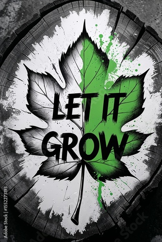 Environmental awareness graffiti art illustration, featuring urban trees, forest symbols and climate activism slogans in black, white and vibrant green street art style.