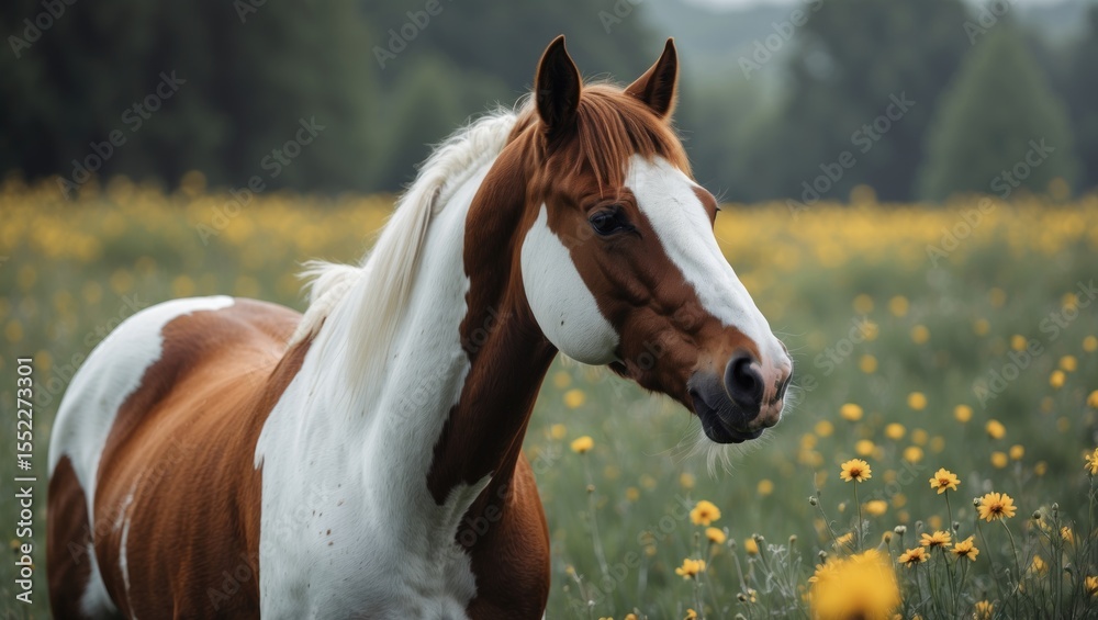 Obraz premium A beautiful white and brown paint horse standing in a meadow full of pretty yellow flowers, looking off to the side.