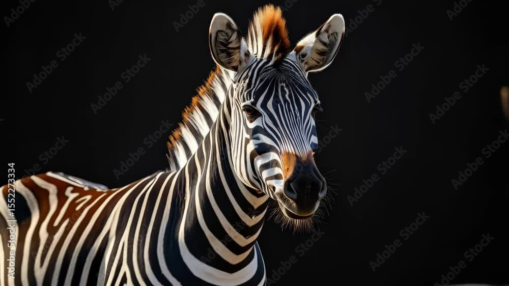 Striking portrait of a zebra with unique black and white stripes against a stark dark background, showcasing its natural beauty.