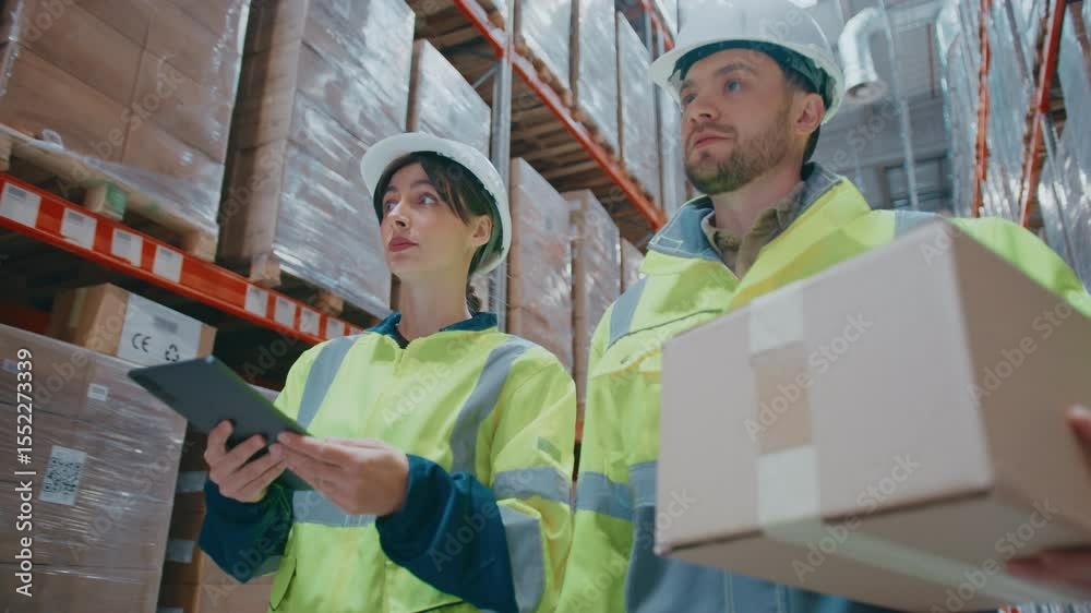 Caucasian female supervisor holding tablet and pointing at shelf while giving instructions to male warehouse worker. Man carrying cardboard box. People working in storage facility.
