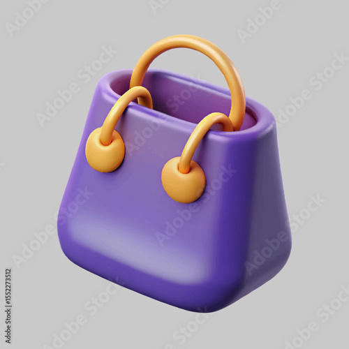 Stylish purple handbag with orange handles presents a modern, glossy 3D render against a black background, ideal for fashion and retail design.