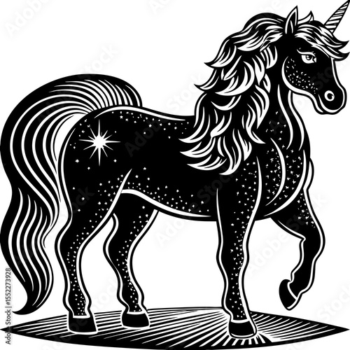 Black silhouette vector illustration of a unicorn with its mane and tail in the wind