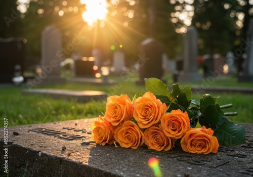 A bouquet of vibrant orange roses rests on a headstone in a cemetery at sunset symbolizing remembrance and loss
