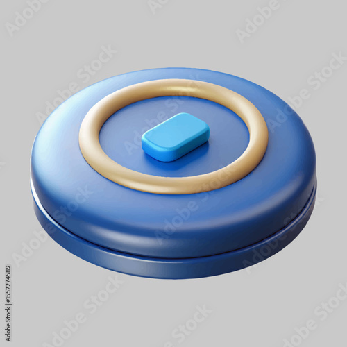 A captivating blue token with golden ring stands out on a black backdrop in this stunning 3D render for digital projects.