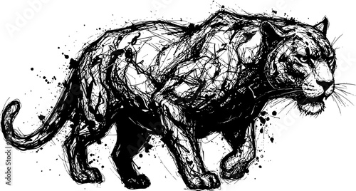 Symbolic image of an animal from the giant cat Abstract ink drawing, chaotic lines and splatters, black and white, pen sketches,gestural marks, vector