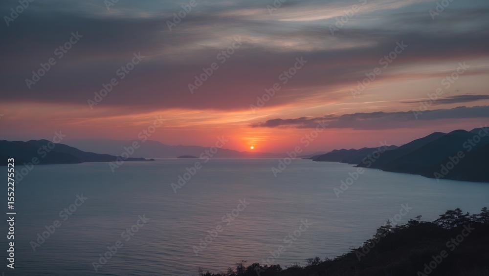 Fototapeta premium Sunset Over The Strait At Middle Arm with vibrant sky, calm water, and surrounding mountains. Nature and sunset scene. Scenic view of the middle arm at dusk.