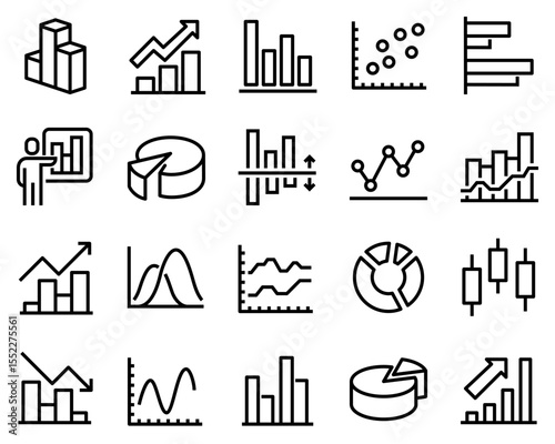 Simple vector line icon set with graph. Contains icons such as pie chart, graph, statistics, bar chart and more.