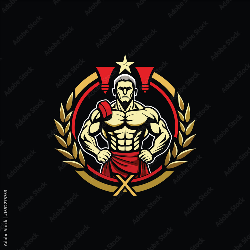 Fototapeta premium Roman numeral logo with muscular bodybuilder statue design, classical warrior strength emblem, fitness gym icon, Greek Roman inspired masculine power symbol for sports branding and apparel.