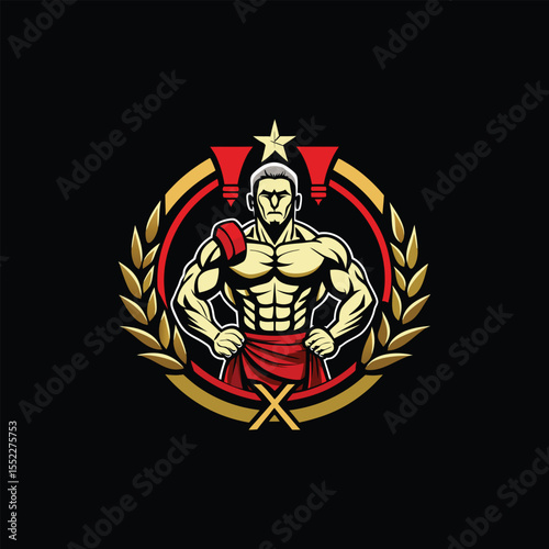 Roman numeral logo with muscular bodybuilder statue design, classical warrior strength emblem, fitness gym icon, Greek Roman inspired masculine power symbol for sports branding and apparel.
