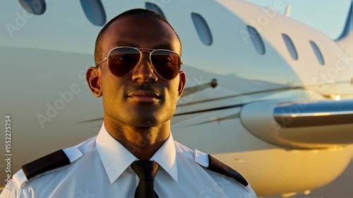 Confident Black pilot in sunglasses standing near passenger airplane on the runway.  
