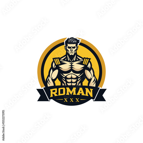 Roman numeral logo with muscular bodybuilder statue design, classical warrior strength emblem, fitness gym icon, Greek Roman inspired masculine power symbol for sports branding and apparel.