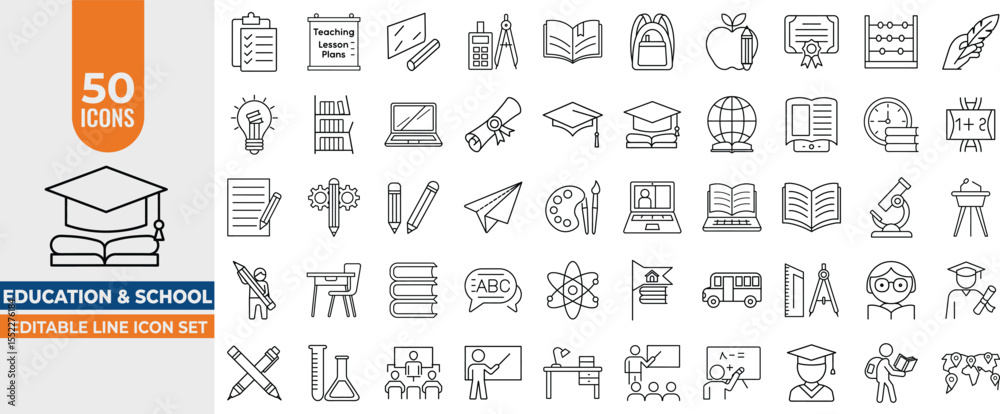 Naklejka premium Education & School line Icon Set – Editable Line Vector Icons for Learning, Teachers, E-Learning, Books, Graduation, Classrooms, Students & Academic Subjects. Editable Stroke. Vector illustration
