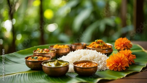 South Indian banana leaf thali with rice, sambar, rasam, assorted curries and chutneys served for festive Sadhya celebration