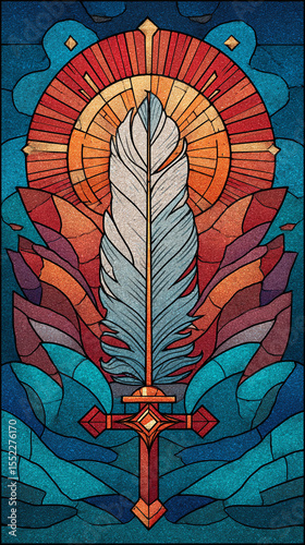 Stained Glass Illustration of Feather and Sword Symbolizing Martyrdom