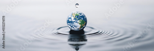 A delicate planet earth orb rests on water, about to receive a single drop. It symbolizes the preciousness of our world and the impact of every action.