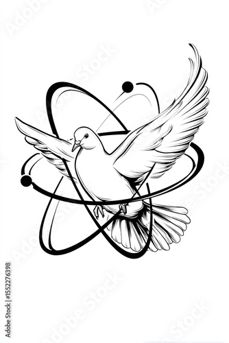 Line Art of Dove with Atomic Symbol and Cross Mark