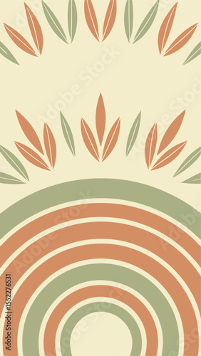 Abstract bohemian illustration of earthy toned semi-circle and leaf patterned composition
