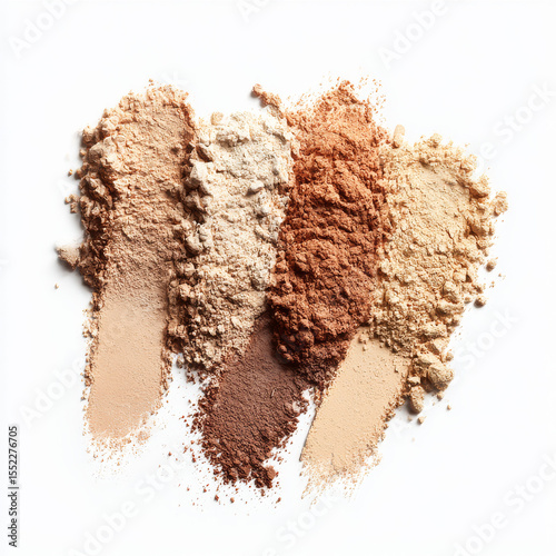 Set of vector realistic face powder smear. Isolated makeup cosmetic swatch on transparent background. Mineral foundation, stroke beauty product samples. Broken powder sample texture, skin colors
