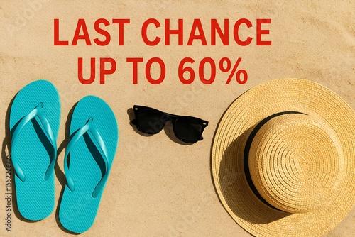 Final summer sale, flip-flops, sunglasses, hat, sandy beach, Last Chance – Up to 60