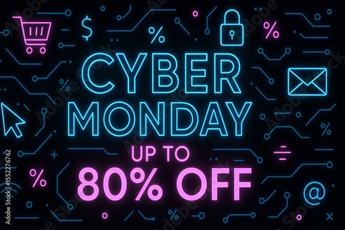 Cyber Monday sale, black background with digital symbols, Cyber Monday – Up to 80 Off, neon theme