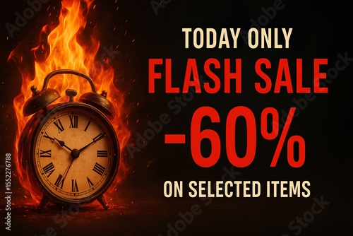 Today Only flash sale, background with burning clock, red highlights, -60 on Selected Items, urgency style