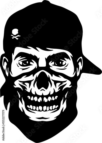 Black and White Skull in Baseball Cap