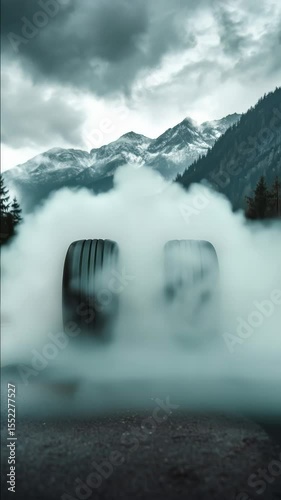 A tire is shown in the foreground of a photo with smoke in the background. The tire is black and he is spinning, creating a sense of motion and energy. The smoke in the background adds a dramatic