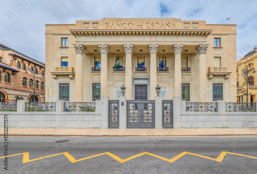Malaga, Spain - April 17, 2025: Banco De Espana Spanish Central Bank Exterior Facade, Building Entrance, Avenue de Cervantes Costa Del Sol, Malaga Province Andalusia