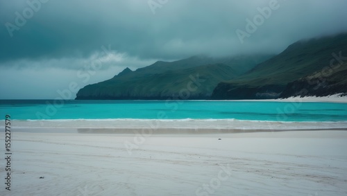 A beautiful sandy beach with turquoise water and snow-white sand is visible in the picture.