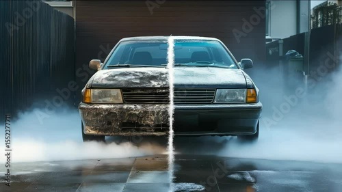 Two cars, one is covered in snow and the other is covered in steam. The steam car is yellow and the snow car is red