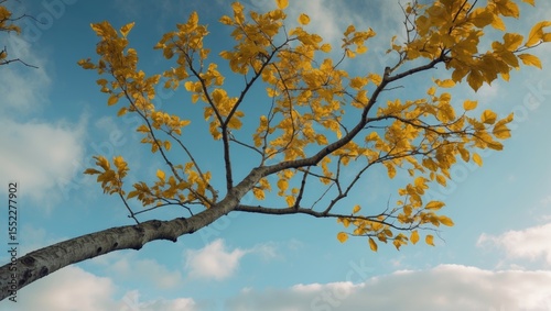 A branch of a poplar against the sky with yellow leaves