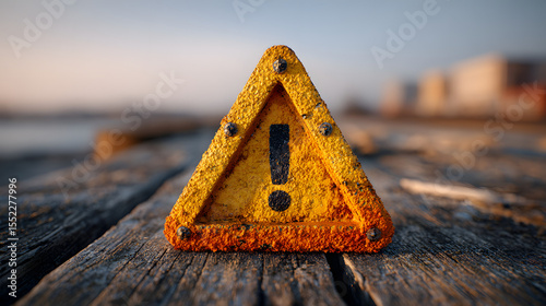 Warning triangle sign with exclamation mark on a wooden surface outdoors