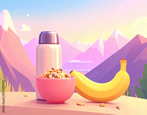camping breakfast with thermos, cup of muesli, banana and mountain view, cartoon 3d style drawing