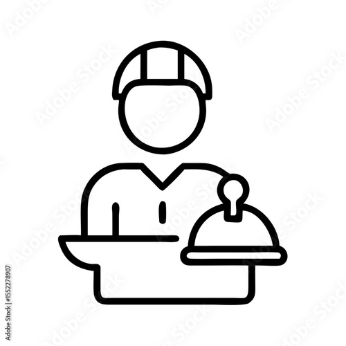 Food delivery worker holding tray with covered dish in uniform  