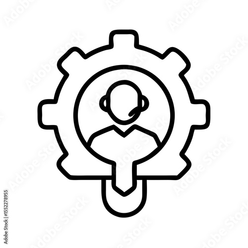 Customer service representative inside gear icon in black line art  