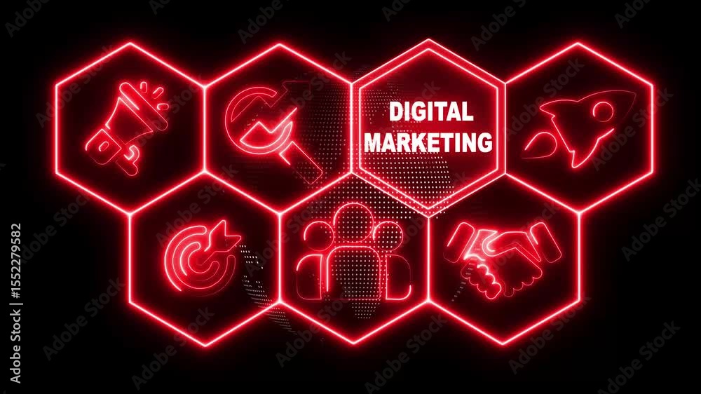 Neon Digital Marketing concept on a futuristic .Hi tech motion graphic background, white flickering dots earth map rounding on dark background .