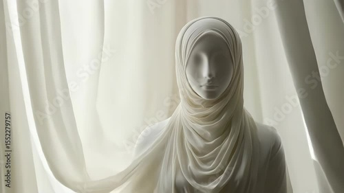 A mannequin wearing a white dress and a white scarf. Muslim woman in hijab. Mannequin bride in wedding white festive dress and hijab. Modesty. Religion Islam. Wedding and engagement.