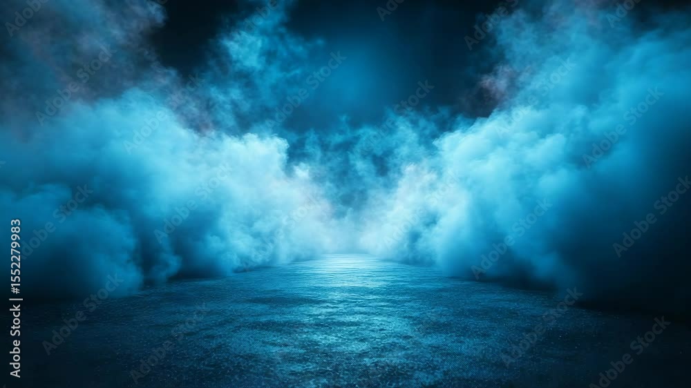 Thick blue fog opens over rippling dark water surface, with deep shadows and light rays, on a moody mystical background, evoking fantasy