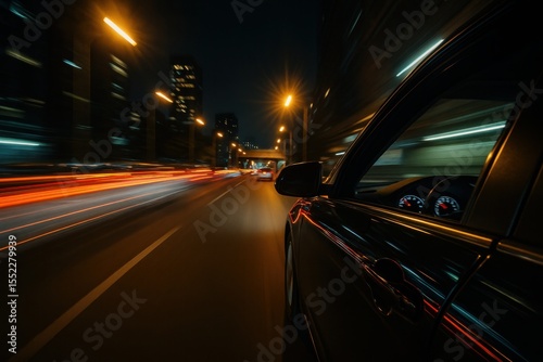 Speedy night drive in city ends in parking Side motion blur and light trails Urban technology concept illustration