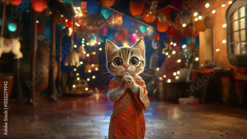 A cat is wearing a red sari. The cat is looking at the camera