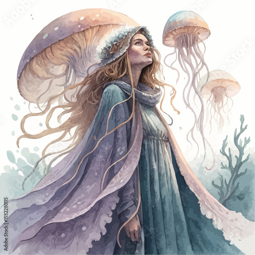 Woman with mantle of glowing jellyfish tentacles, hair floating upwards. Vector illustration in pastel colors.
